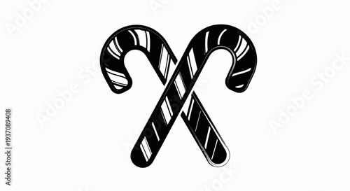 Two black and white striped candy canes crossed on a white background