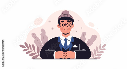 A stylishly dressed person with a beanie and glasses sits with hands clasped