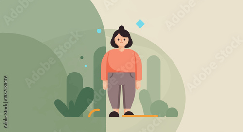 A woman stands in a minimalist, abstract green and beige landscape with simplified plants and shapes
