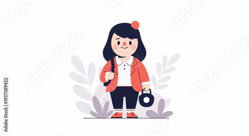 A cute cartoon girl in a coral blazer, white shirt, and navy pants, carrying a bag and a weight