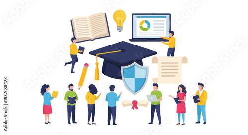 Higher Education and E-Learning Concept. Students surrounding Graduation Cap, Academic Book, Technology Laptop, Idea Lightbulb, and Security Shield. Flat vector illustration.