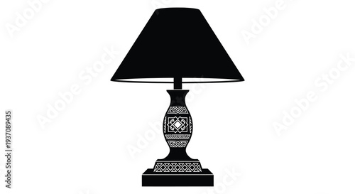 A black silhouette of a table lamp with a patterned base and flared lampshade high quality