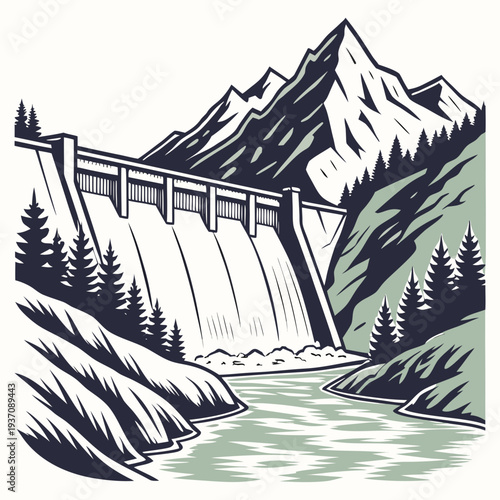 Dam with water flowing out in front of a mountain range and trees