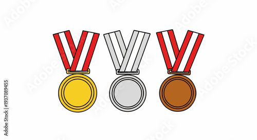 Three medals gold, silver, and bronze with red and white ribbons