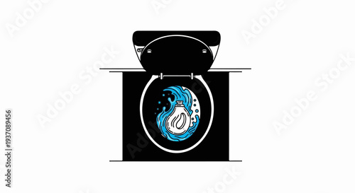 Toilet bowl with swirling water and a bottle of liquid