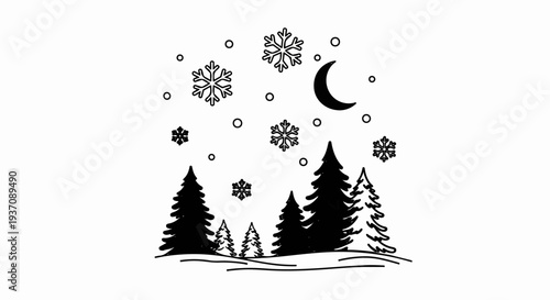 Stylized winter scene with trees, snowflakes, and a crescent moon