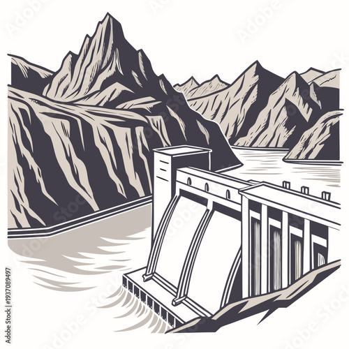 Illustration of a dam in a mountainous landscape with a body of water