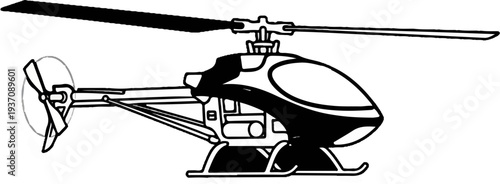 A black and white illustration of a helicopter viewed from the side