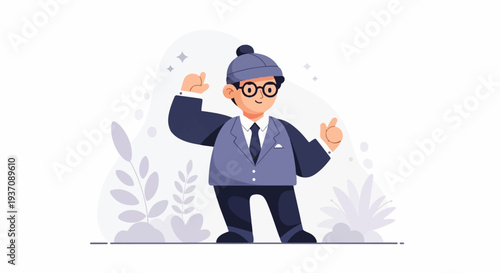 Cheerful man in suit and hat gives thumbs up