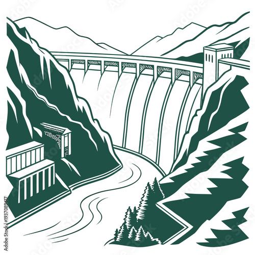 Green and white illustration of a large dam in a mountainous landscape