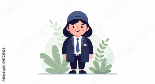 A stylized cartoon person in a suit and hat stands amid leafy green foliage