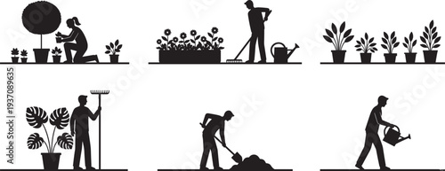 Black Silhouette Gardening People Icons Set, Woman Planting, Man Raking, Watering Plants, Shoveling Soil Vector Illustration, Garden Activity Clipart Collection
