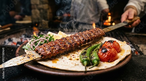 Spicy Adana Kebab on Metal Skewer with Flatbread and Peppers