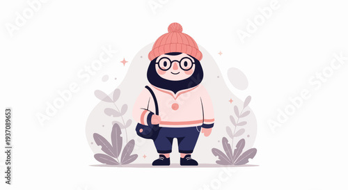 Cartoon character with a hat, glasses, and a bag, standing amidst decorative foliage