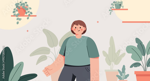 Person with houseplants, soft colors, simplified art style