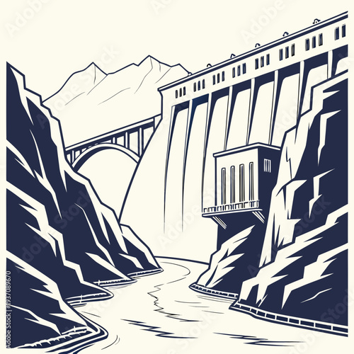 Illustration of a large dam with a bridge and mountain range