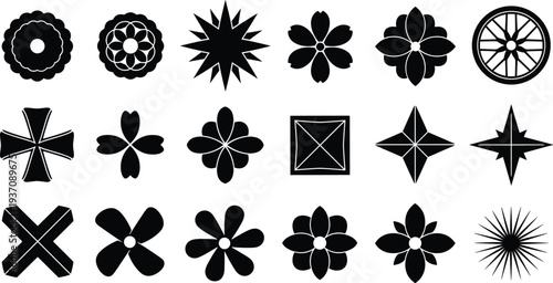 Abstract Floral Starburst Shape Icons Set, Geometric Flower Elements Vector Collection]
