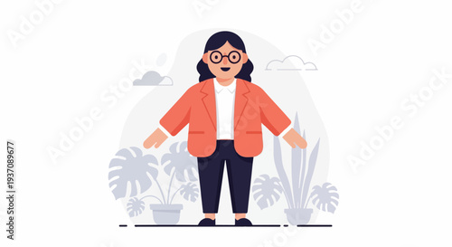 Friendly illustrated person in a coral blazer and glasses, surrounded by plants