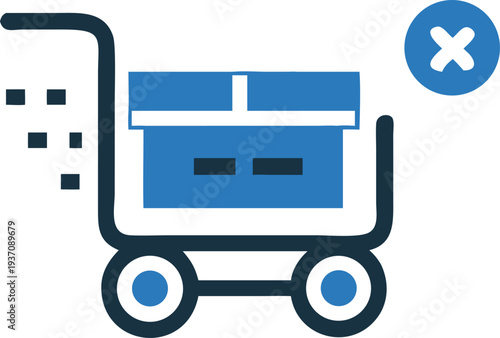 A blue shopping cart carries a box with an X, suggesting deletion is possible