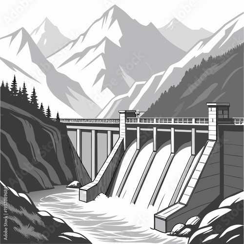 Dam with water flowing down in front of mountains and trees