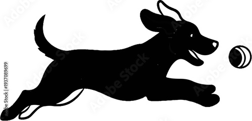 A black silhouette of a happy dog leaps in pursuit of a ball