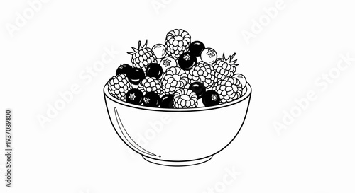 A black and white outline drawing of a bowl overflowing with berries