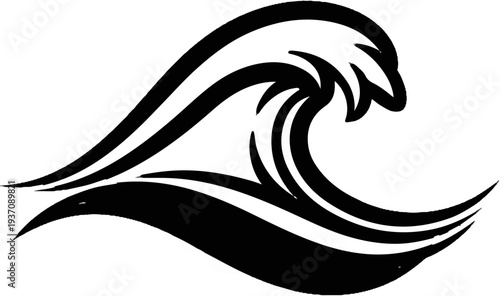 Stylized black ink wave crashing against a white background