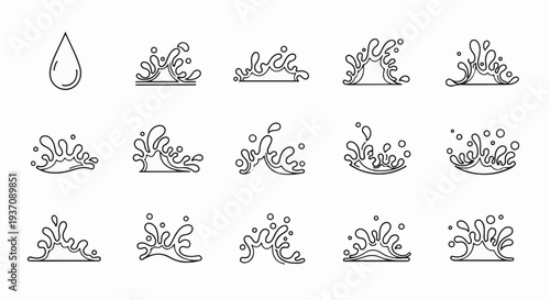A collection of black and white line art icons representing water splashes