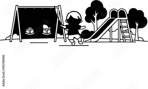 A child plays on a swing and slide in a park with trees in the background