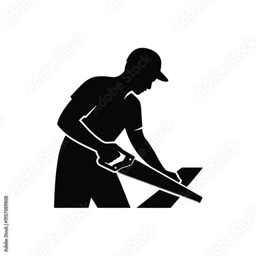 Silhouette of a carpenter sawing wood with a hand saw
