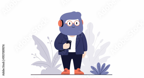A stylized character with a beard, glasses, and headphones holds a smartphone, surrounded by abstract plants