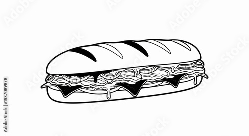 A detailed black and white illustration of a long, stacked sandwich on a white background