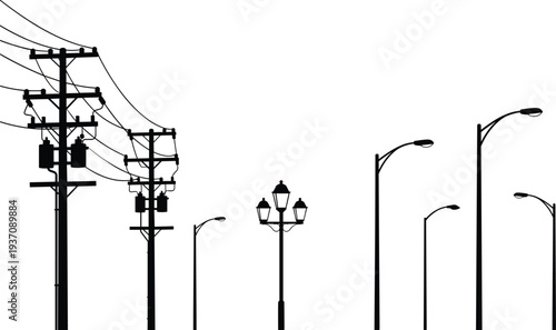 Black silhouette collection of electric utility poles with power lines and various urban street lamps isolated on a white background.