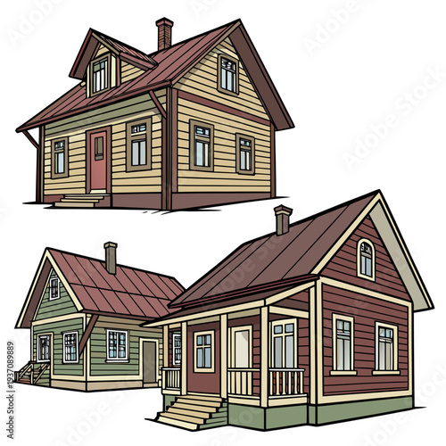 Two charming houses with brown roofs and colorful siding