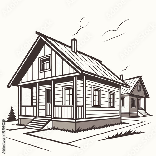 A black and white illustration of a house with a porch and chimney