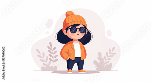 Stylish cartoon character with orange beanie, sunglasses, and jacket