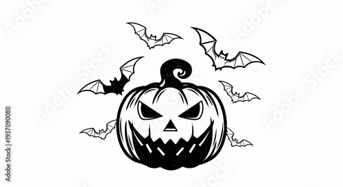 Spooky jack-o'-lantern with bats flying around it