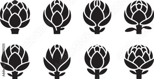 Nine black and white artichoke with different line styles and patterns line pattern