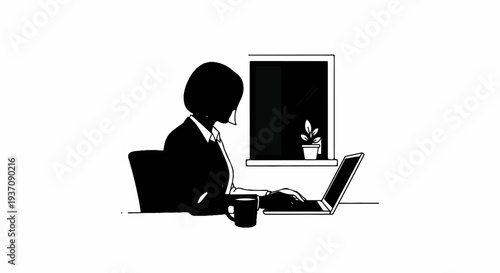 Silhouette of a woman in business attire working on a laptop