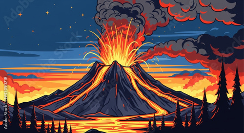 Erupting Volcano with Lava Flow and Smoke.