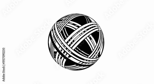 A black and white abstract sphere formed by intersecting bands and lines