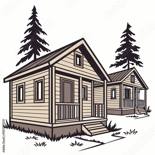 Two wooden cabins with porches and pine trees in the background