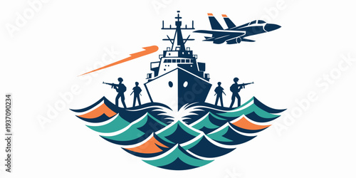 Naval ship with silhouetted soldiers and a fighter jet overhead