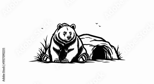 A black and white drawing of a large bear sitting in front of a cave