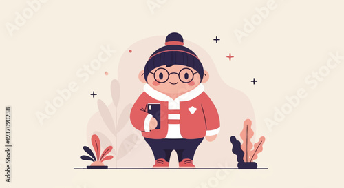 Cheerful round cartoon character in red jacket, holding a phone, surrounded by abstract plants