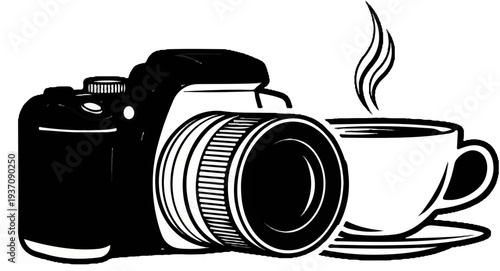 A black and white illustration of a camera and a steaming cup of coffee