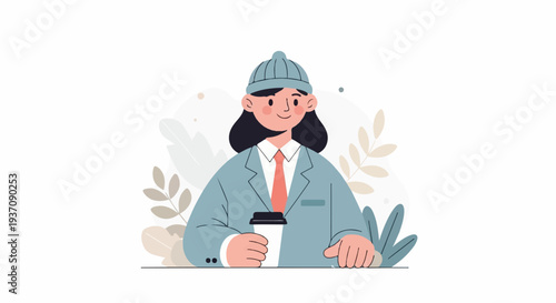 Young person in a suit and hat holds a coffee cup, surrounded by abstract foliage