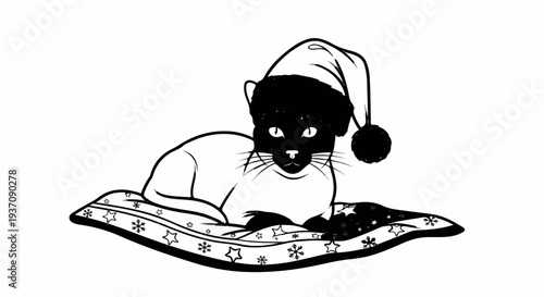 A black and white illustration of a cat wearing a Santa hat