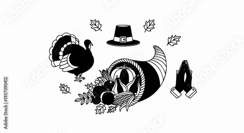 Thanksgiving illustration with turkey, harvest cornucopia, pilgrim hat, and prayer hands