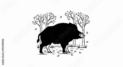 Silhouette of a wild boar amidst bare trees and fallen leaves